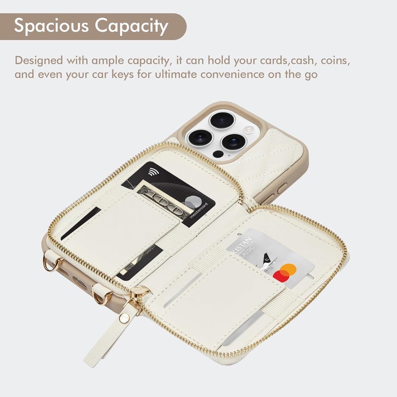 ZVE for iPhone 16 Pro Case Wallet for Women, Crossbody Case with Wrist Strap Protective Leather Lanyard Case with Ring Holder Flip Cover 6.3 Inch-Beige - Image 2